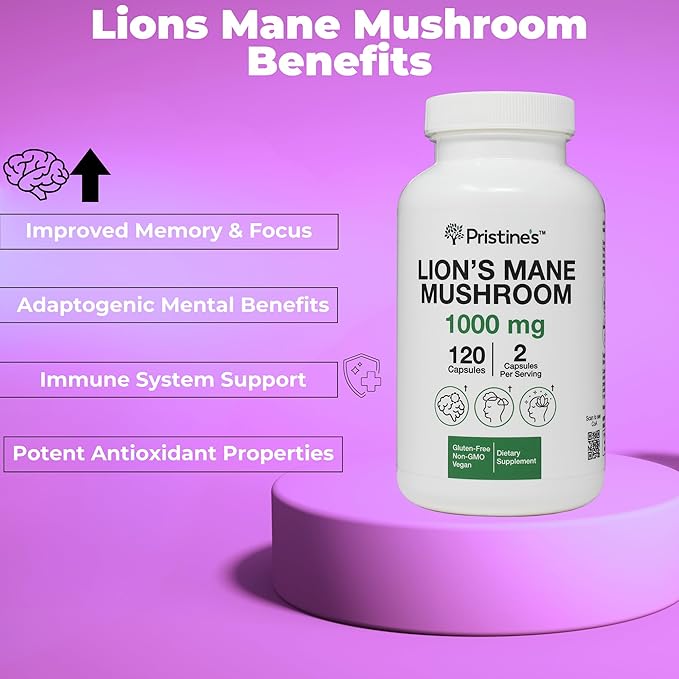 PRISTINE'S Lion's Mane Mushroom 1000mg (2 Pack) Brain Memory & Focus Adaptogen Supplement - 120 Day Supply - Cognitive Function & Immunity Health Memory Supplements for Adults - Vegan - Non-GMO