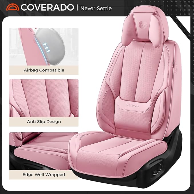 Coverado Seat Covers, Car Seat Covers Front Seats, Car Seat Cover, Car Seat Protector Waterproof, Seat Cushion Nappa Leather with Head Pillow, Carseat Cover Universal Fit for Most Cars (Pink)