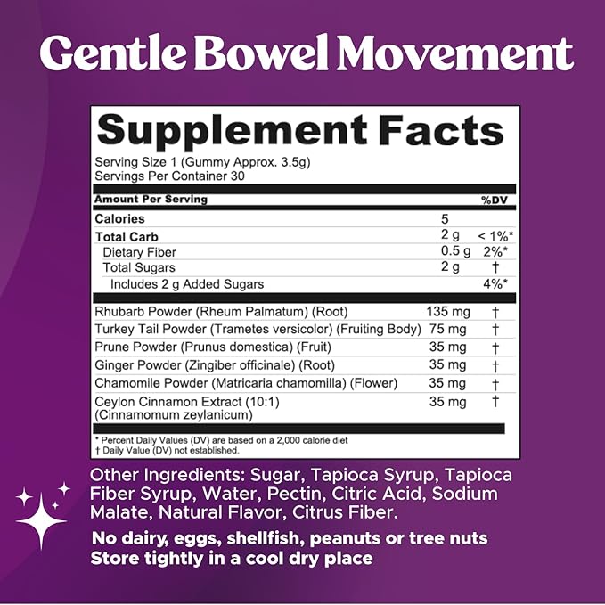Super Prune Gummies- Gentle Laxative for Debloating and Constipation Relief - Prunes, Turkey Tail Mushrooms, Fiber, Rhubarb, Ginger, Chamomile (30 Mushroom Gummies)
