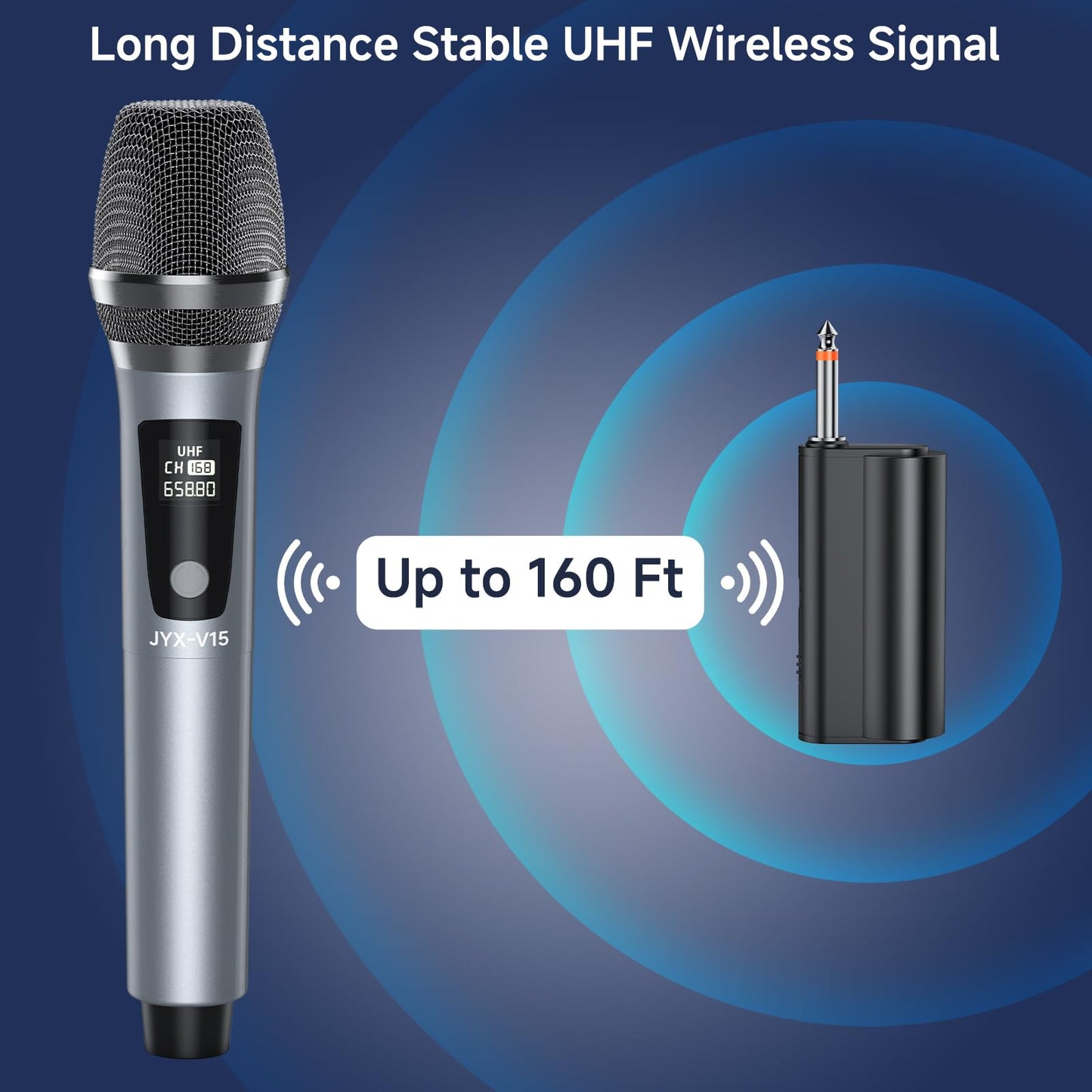 JYX Wireless Microphone, Rechargeable UHF Metal Handheld Cordless Dynamic Micprophone System with Receiver, Suitable for Home Karaoke, Speech, Church, Wedding, Speaker, Party (160 ft Range)