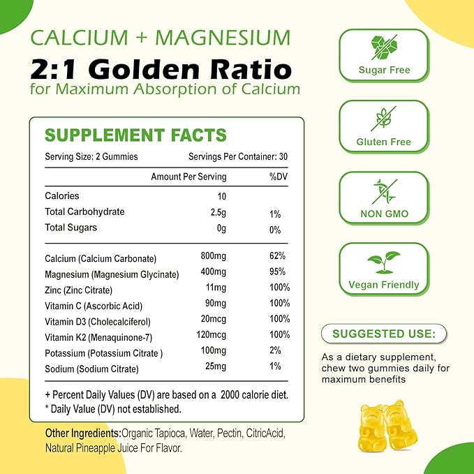 High Absorption Calcium Gummies, Sugar Free Calcium Magnesium Gummies with Vitamin D3 for Men and Women, Pineapple Flavor 120 Cts