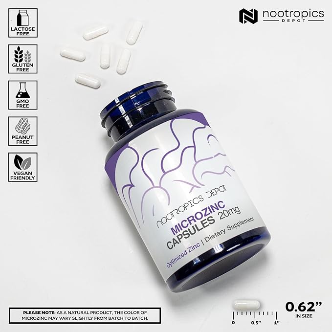Nootropics Depot MicroZinc Capsules | 20mg | Optimized Zinc Supplement | 90 Count