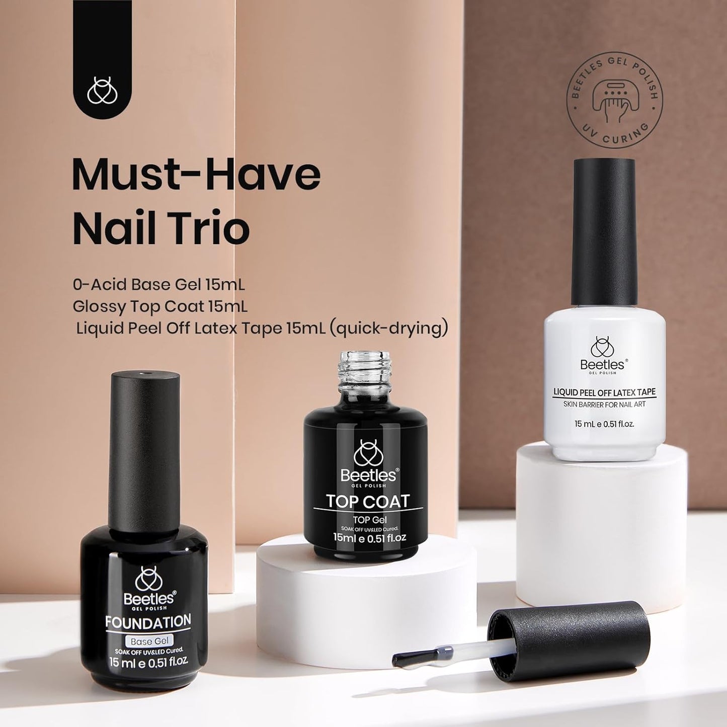 Beetles Gel Nail Polish Set – 3Pcs No Wipe Top Coat & Cuticle Oil | Glossy Shine