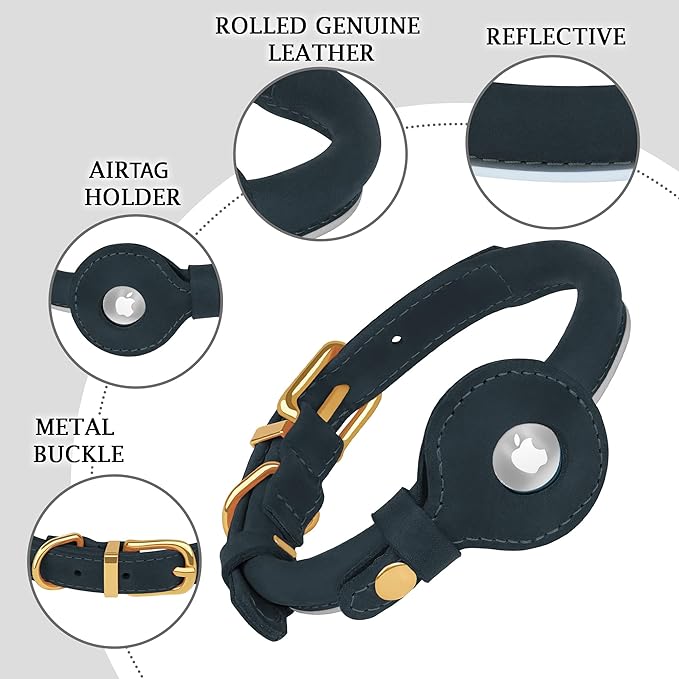 OOPSDOGGY Rolled Leather Dog Collar with Airtag Holder - Reflective Round Airtag Dog Collar - Soft Tracking Pet Collar for Small Dogs Puppy Cats Kitten (Denim, M, 12"-15")