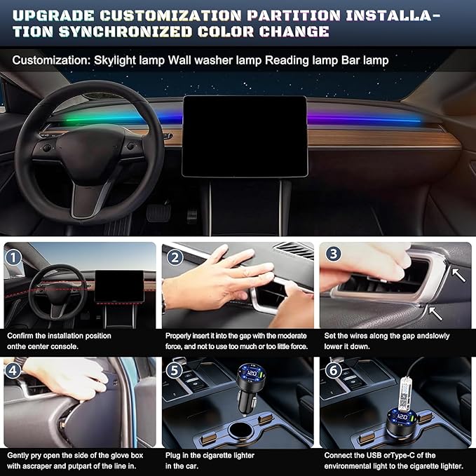Dreamcolor Acrylic Interior Car LED Strip Light with USB/Type C/4-Port Cigarette Lighter,RGB 6 in 1 with 187 inches 650 LEDs Ambient Lighting Kits, Sound Active Function Neon Led Strips for Car