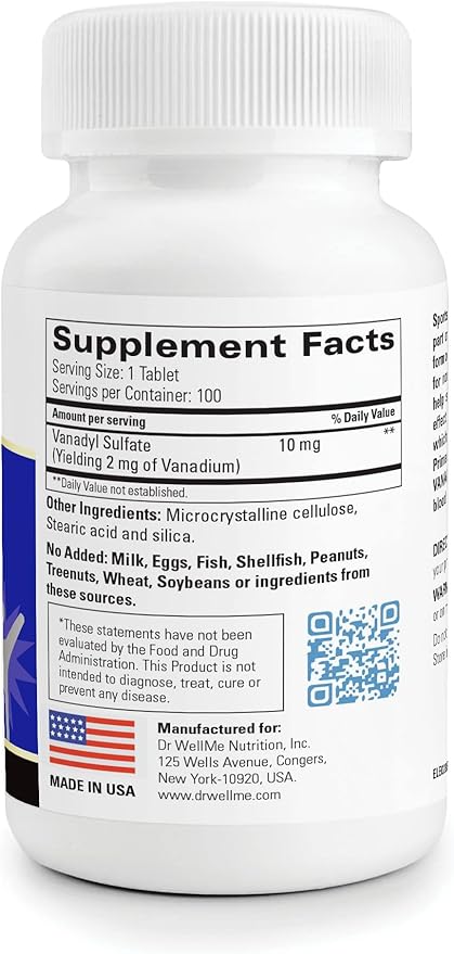 Dr.WellMe Vanadyl Sulfate Supplement 10 mg – 2 x 100 Tablets – Non-GMO, Gluten-Free Tablets