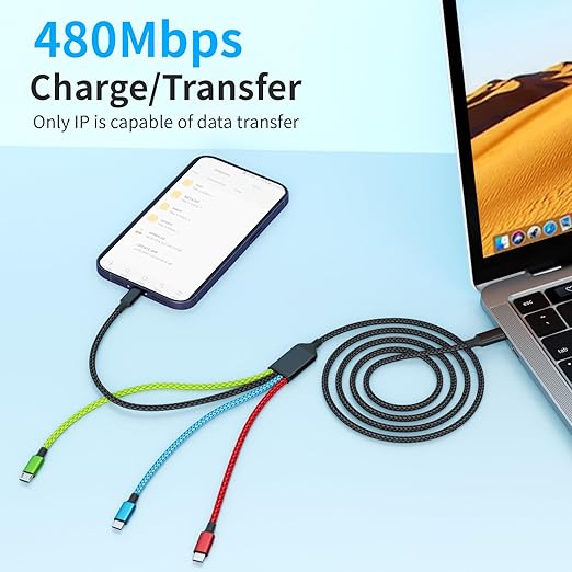 USB C Multi Charging Cable [1Pack 5FT], Dual Type-C Nylon 4 in 1 Charging Cable, Multi Chargers for All Devices with IP/Type C/Micro Port, Compatible with Most Cell Phones/Tablets and More