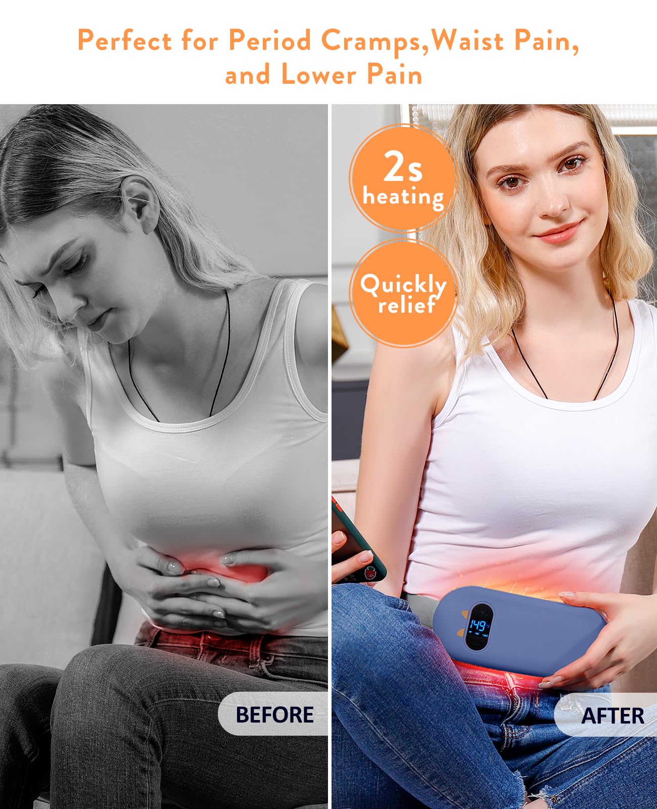 Portable Heating Pad for Period Cramps: Cordless Menstrual Heating Pad with 6 Heat Levels and 6 Massage Modes, 3s Fast Heating Gift for Women and Girl(Pink)