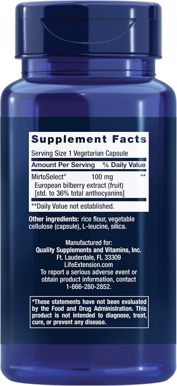 Life Extension Standardized European Bilberry Extract, 100 mg, MirtoSelect® Vaccinium myrtillus, Eye Health, Circulation, Lubrication, Gluten-Free, Non-GMO, Vegetarian, 90 Capsules