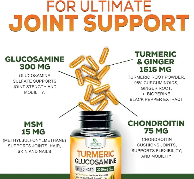 Turmeric Curcumin Supplement 2000mg with Glucosamine Chondroitin & Ginger, 95% Curcuminoids, BioPerine Black Pepper for Best Absorption, Nature's Joint Support, Non-GMO, Bottled in USA - 60 Capsules