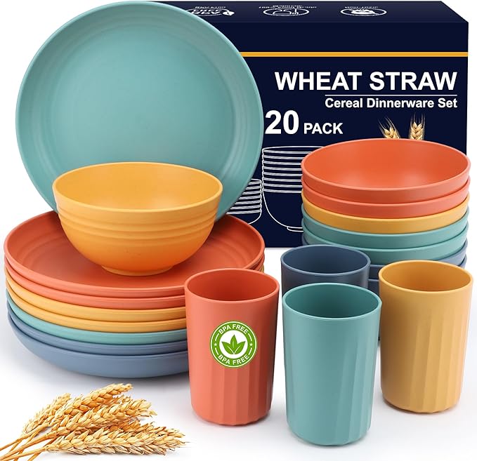 HOTEC 20-Pack Unbreakable Kitchen Plastic Wheat Straw Dinnerware Set – BPA-Free Plates, Bowls & Cups | Lightweight, Microwave & Dishwasher Safe | Multicolor Reusable Tableware for Home & Outdoor Use