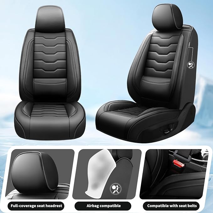 Fit Leaf Car Seat Covers Compatible with Nissan Leaf 2012-2025 2026 - Full Set Premium Leather， Waterproof Breathable， All-Weather Seat Cushion Protecto&Airbag Compatible（Full Set,Black