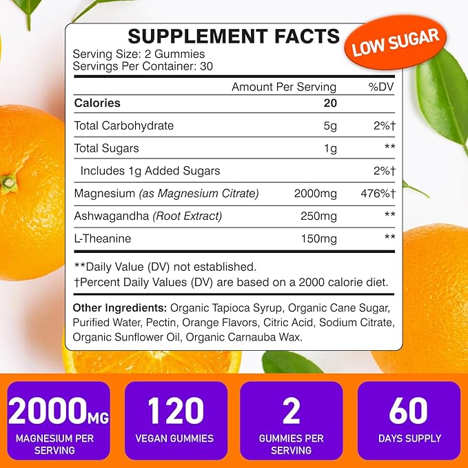 Magnesium Citrate Gummies - Magnesium Citrate with Ashwagandha & L-Theanine, High Absorption Calm Gummies, Magnesium Gummy for Calm, Rest, Nerve, Muscle, 120 Counts