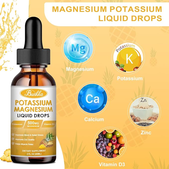 Potassium Magnesium Supplement, Potassium Supplement with Magnesium, Calcium, Vitamin D3, Zinc, Sugar Free & Vegan Liquid Drops for Leg Cramps, Energy, Metabolism, for Adult and Kid