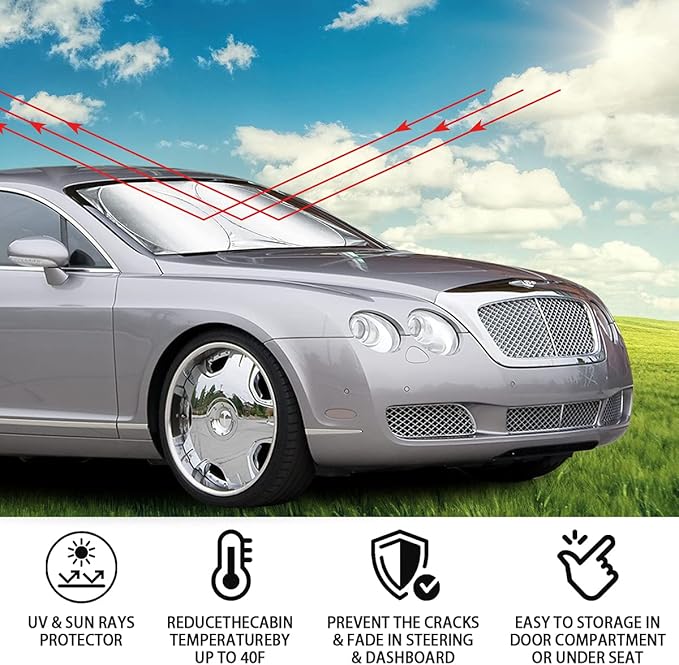 Foldable Windshield Sun Shade, Bonus Steering Wheel Sun Shield to Block UV Rays Keep Your Vehicle Cooler, Easy to Use Car Interior Accessories (X-Large)