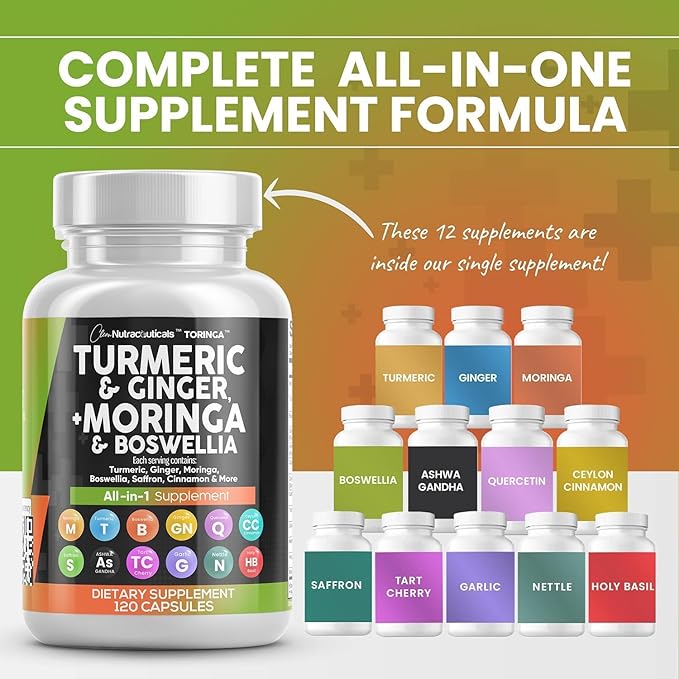 Turmeric Moringa Supplement | Ginger Boswellia Saffron - Supplement for Women and Men with Ceylon Cinnamon, Tart Cherry, Quercetin Garlic Nettle Holy Basil - 3Pack
