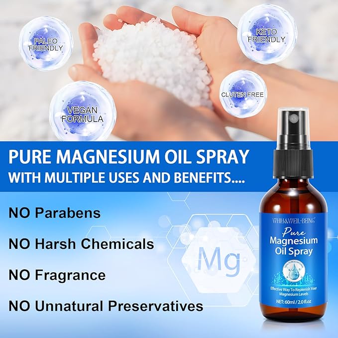 Pure Magnesium Oil Spray Organic Natural Magnesium Spray Glass Bottle, Easy to Absorb and Use, Magnesium Oil Spray for Feet 2Pack
