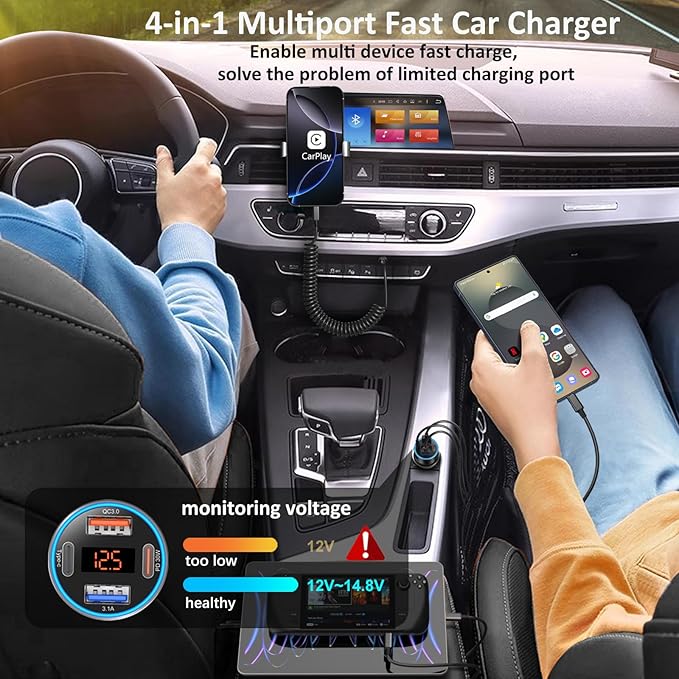 65W 4-Port Super Fast Type C Car Charger USB C for Galaxy S25 S24 S23 Ultra S22 A16 A53 A54 PD/QC3.0 Android Car Phone Charger with Voltage Display Cigarette Lighter Adapter+5FT Type C Coiled Cable