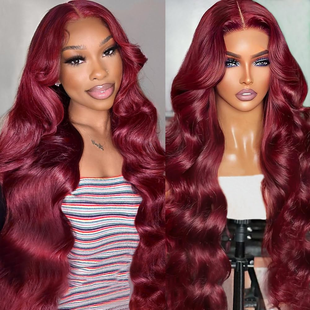 Sweetie 99J Burgundy 13X4 Lace Front Wigs Human Hair 180% Density 28 Inch Body Wave Lace Front Wigs Human Hair Glueless Wigs Hum