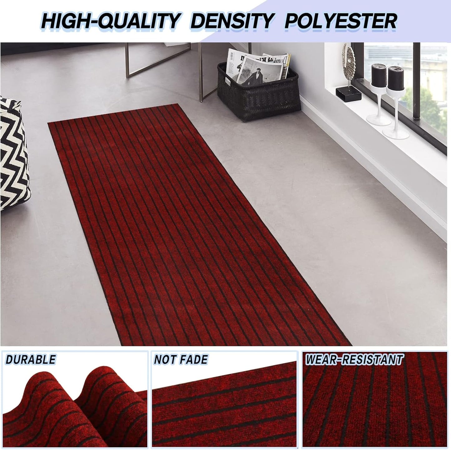 Custom Size Backed Non-Slip Area Rugs Runner, Easy Clean, Waterproof Runner Rugs for Hallway Entryway, Kitchen, Laundry, 2FT x 60FT, Red Stripe