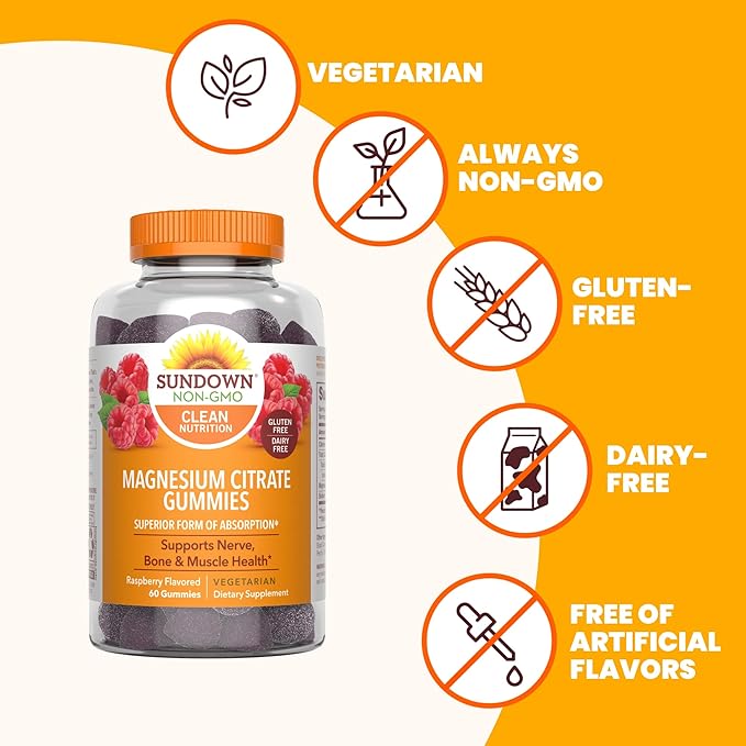 Sundown Magnesium Citrate Gummies, Supports Nerve, Bone & Muscle Health, Vegetarian, Raspberry Flavored, 60 Count (Pack of 2)