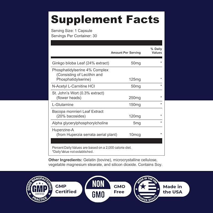 MemoForce - Natural Supplement with Ginkgo Biloba, Bacopa Monnieri for Brain & Memory Support | Non-GMO, Stimulant-Fre | Made in The USA, GMP-Certified | 30 Capsules - 1 Month Supply