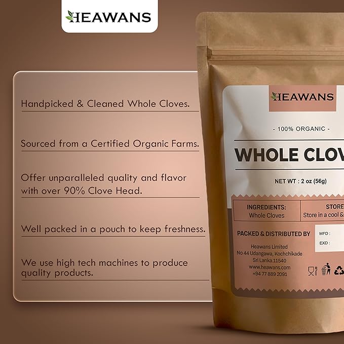 Heawans Hand Picked Premium Grade Organic Whole Cloves 2 oz, Packed form a USDA certified farm