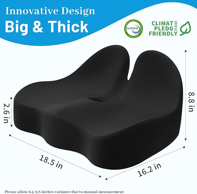 Seat Cushion, Memory Foam Office Chair Cushions, Ergonomic Curved Design for Sciatica, Tailbone, Coccyx, Seat Support for Car, Desk Chair, Wheelchair, Enhances Long Sitting Comfort (Black)