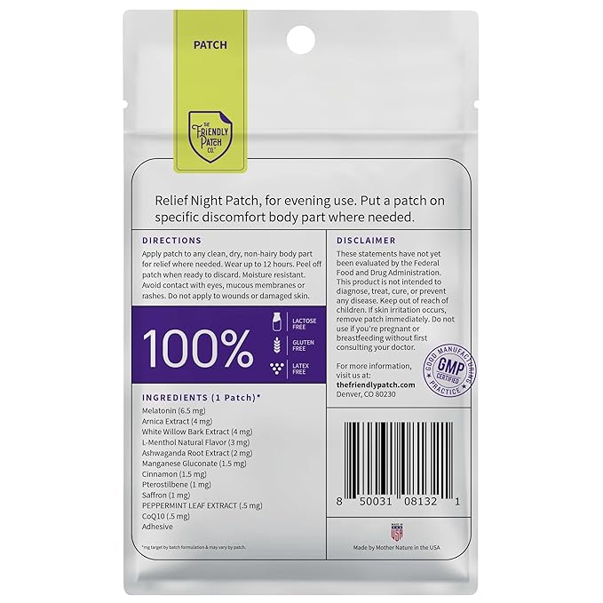 Relief Night Patch - 8 Pack Arnica, White Willow Bark, Melatonin, Ashwagandha for Soreness for sleep patches for Women and Men