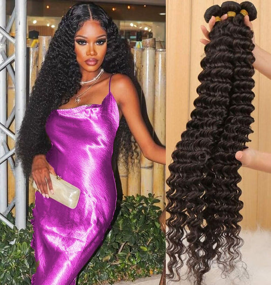 Human Hair Deep Wave Bundles (24 26 28) 12A Unprocessed Bundles Virgin Remy Human Hair Weave Bundles Deep Curly Hair Extensions