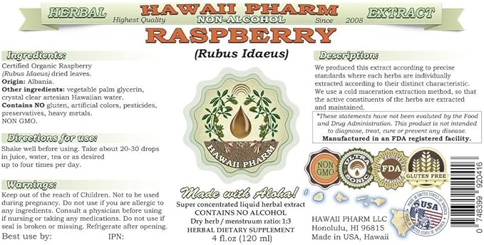 Raspberry Alcohol-Free Liquid Extract, Organic Raspberry (Rubus idaeus) Dried Leaf Glycerite Natural Herbal Supplement, Hawaii Pharm, USA 32 fl.oz