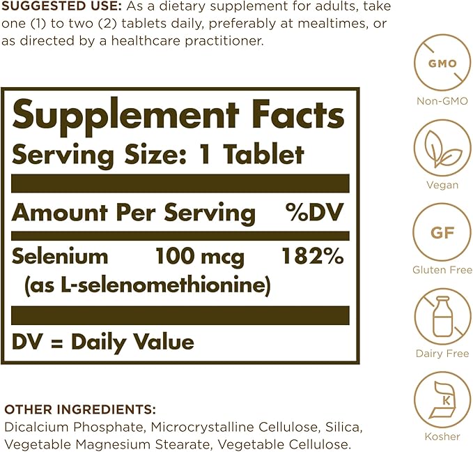Solgar Yeast-Free Selenium 100 mcg - 100 Tablets, Pack of 4 - Supports Antioxidant & Immune System Health - Non-GMO, Gluten Free, Dairy Free, Kosher - 400 Total Servings