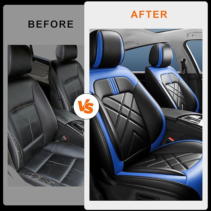 CX-90 Car Seat Covers Fit for Mazda CX-90 2007-2026, Full Coverage Premium Leather Waterproof Breathable Seat Covers, Automotive Seat Protectors, Airbag Compatible(2 Front Seats, Black-Blue)