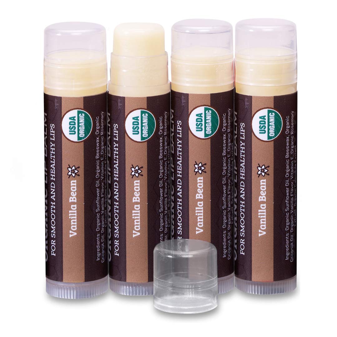 Usda Organic Lip Balm 4-Pack By Earth'S Daughter - Vanilla Flavor, Beeswax, Coconut Oil, Vitamin E - Best Lip Repair Chapstick F