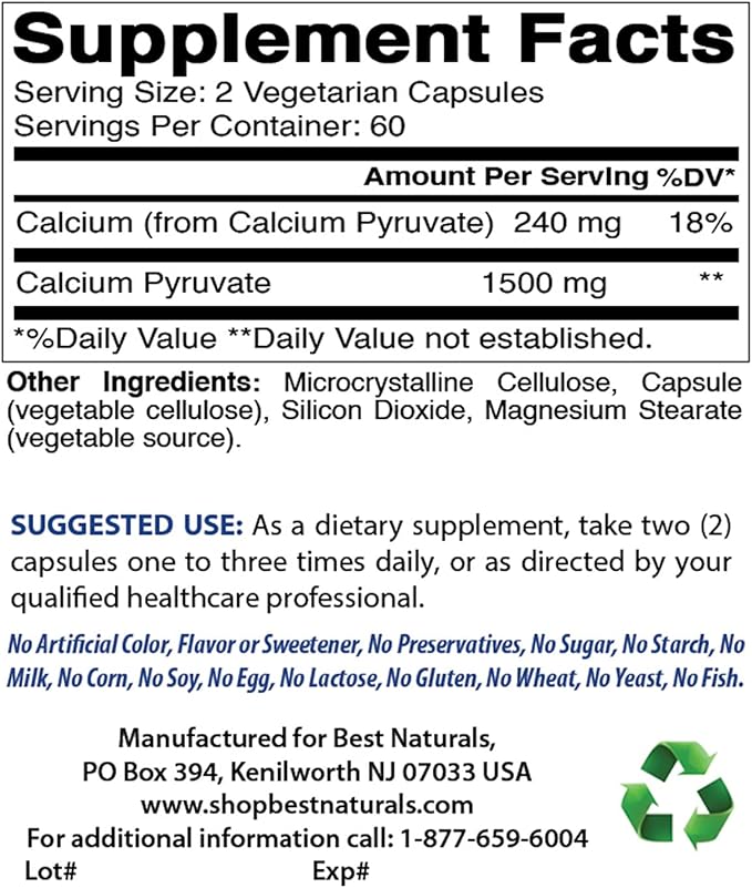 Calcium Pyruvate 750 mg 120 Capsules by Best Naturals (Pack of 2)