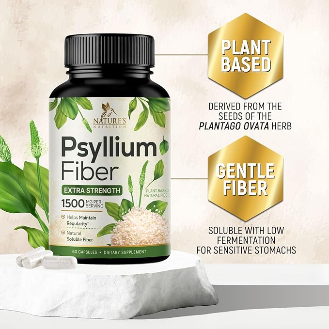 Psyllium Husk Fiber Supplement 1500mg, Natural Daily Soluble & Insoluble Fiber Pills, Psyllium Husk Powder Capsules Supports Digestion Colon Health & Regularity, Plant Based Supplement - 60 Capsules