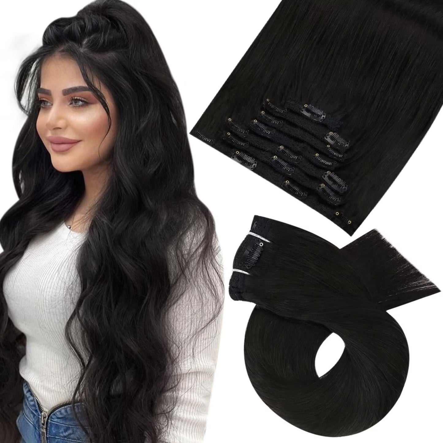 Moresoo Clip In Hair Extensions Black Real Hair Extensions Clip In Human Hair Off Black Double Weft Clip In Human Hair Extension