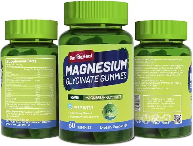 Magnesium Glycinate Gummies 500mg with L-Threonine 300mg - Sugar-Free Magnesium Potassium Supplement with Vitamin D, B6, CoQ10 - Strawberry Flavored - 60 Gummies