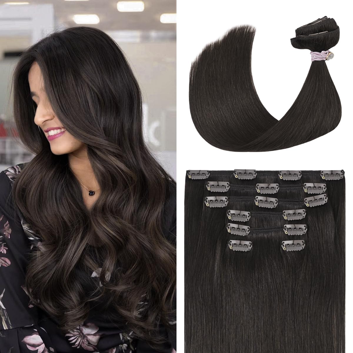 Ugotrays Dark Brown Clip In Hair Extensions Real Human Hair 120G 14 Inches 100% Remy Human Hair Clip In Extensions Straight Doub