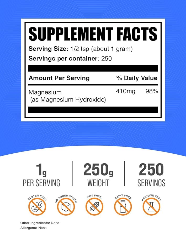 BulkSupplements.com Magnesium Hydroxide Powder - Magnesium Supplement, Food Grade Magnesium Hydroxide, Magnesium Hydroxide Supplement - 1000mg (410mg of Magnesium) per Serving, 250g (8.8 oz)