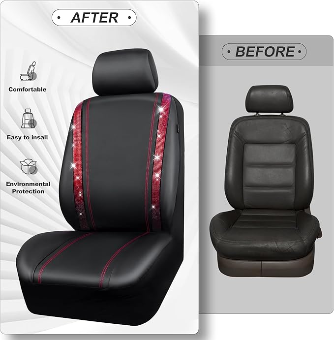 CAR Pass Bling Car Seat Covers Full Set, Shining Rhinestone Diamond Waterproof Faux Leather, Rear with Zipper, Universal Fit Automotive Glitter Crystal Sparkle Strips for Women Girl, Black Red
