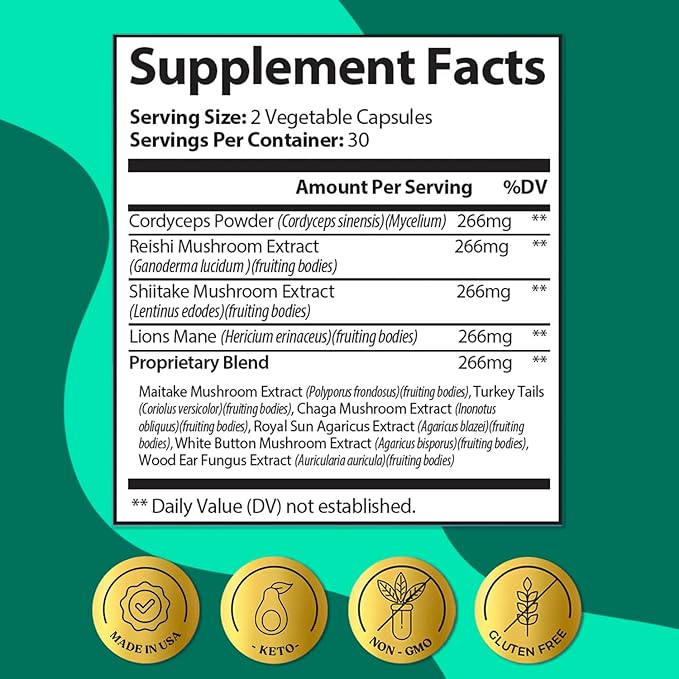 ColonBroom Mushroom Complex, Powerful Mushroom Blend with Cordyceps, Reishi, Shiitake, Lion’s Mane Extract for Energy, Immunity, Stress Relief & Cognitive Health - 60 Capsules, 30 Day Supply