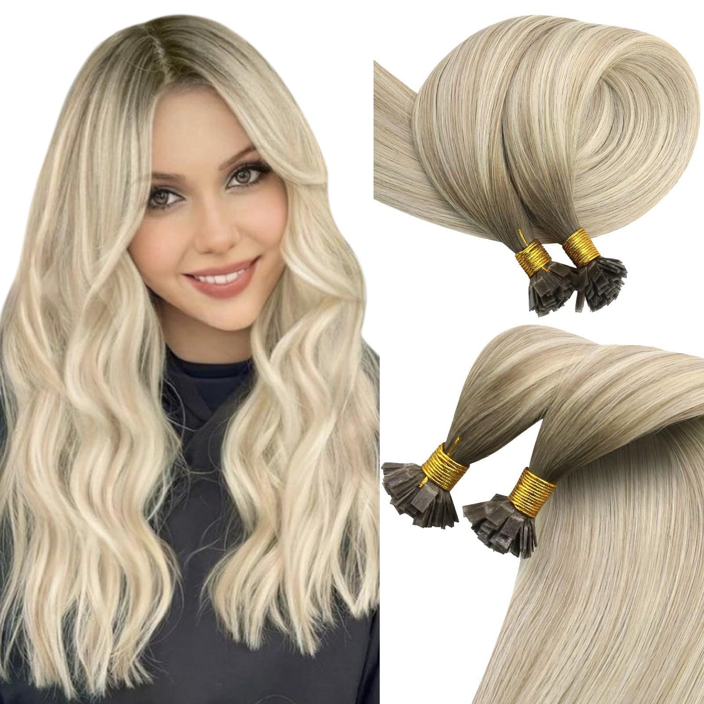Sunny Hair Flat Tip Hair Extensions Balayage Cool Ash Grey Ombre Platinum Blonde Keratin Hair Extensions Blonde Hot Fusion Hair