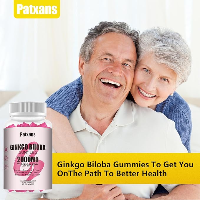 2 Packs 2000mg Ginkgo Biloba Gummies - Ginkgo Biloba Supplements for Brain Health Support, Improve Mood and Focus, Energy, Adult, Vegen, Non-GMO, Strawberry Flavor, 120 Count