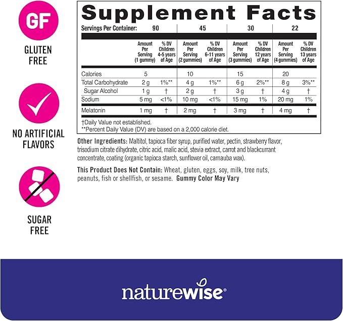 NatureWise Kids Melatonin 1 mg Sugar-Free Gummies for Children Ages 4 & Up - Non-Habit Forming Sleep Aid - Strawberry Flavored - Vegan, No Gluten, Non-GMO - 90 Count[3-Month Supply]