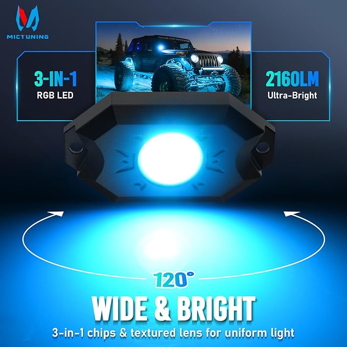 MICTUNING 2026 Upgraded RGB Rock Lights Kit, 8 Pods Underglow Multicolor Neon Light Pod with RF Remote Control Waterproof 12V for Car Trucks ATV UTV RZR SUV Golf Cart, 2 Years Warranty