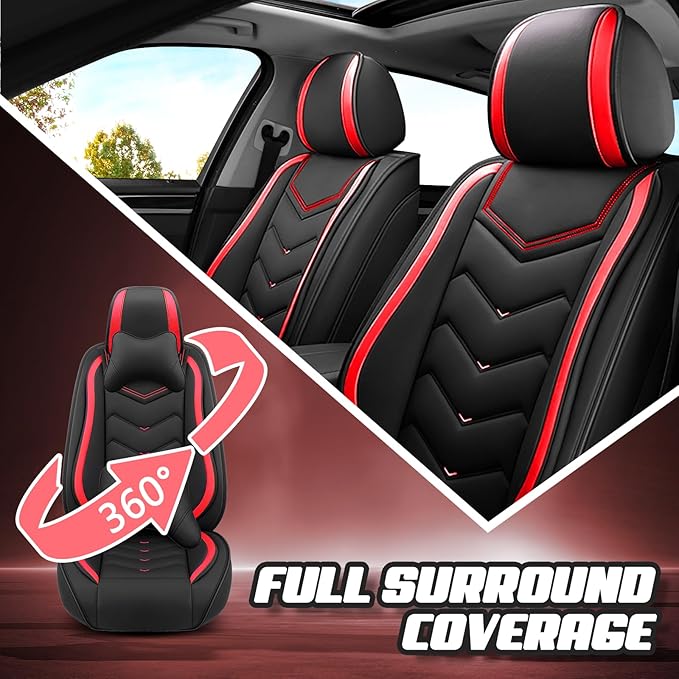 Car Seat Covers for VW Eos 2007-2016, Premium Nappa Leather Car Seat Cover, Stylish Sport Seat Covers， Automobile Seat Cover Sets.(Standard 5 Seats/Black Red)