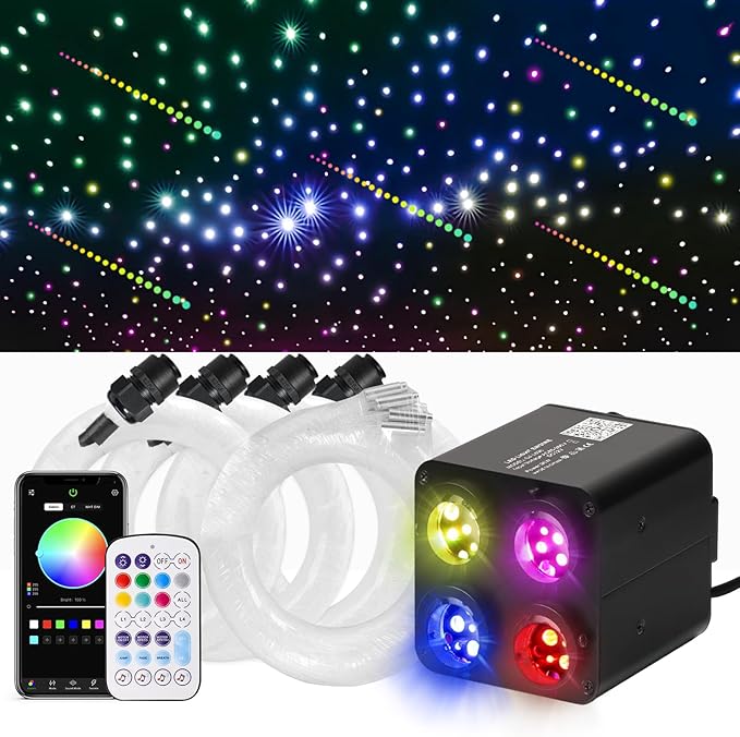 36W 4-Color Twinkle&RGBW Meteor Starlight Headliner Kit, 2-in-1 Fiber Optic Light Engine with APP Control, 800pcs0.03in9.8ft Shooting Star Ceiling Lights, Sound-Activated Star Sky Decor for Car&Home