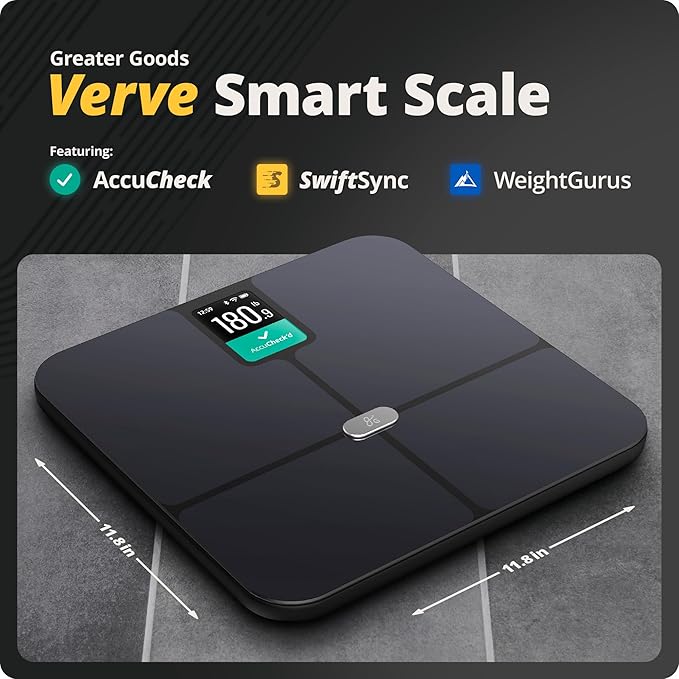 Greater Goods Smart Weight Scale – Digital Bathroom Scale with BMI, Body Fat & Muscle Mass, Bluetooth and Wi-Fi Sync with Weight Gurus App, Large Display, 440lb Capacity