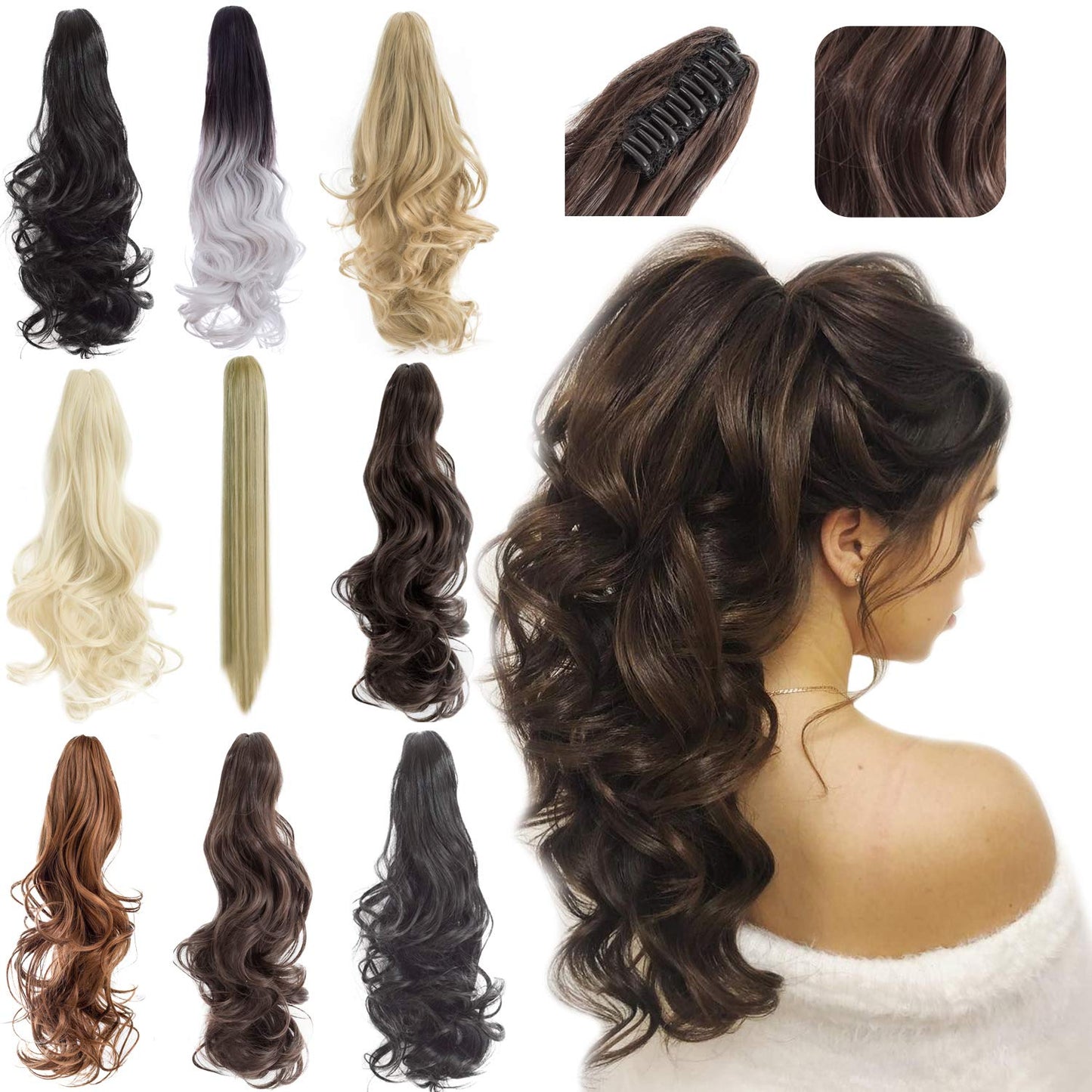 Felendy Ponytail Extension Claw 18'' 20'' Curly Wavy Straight Clip In Hairpiece One Piece A Jaw Long Pony Tails For Women Medium